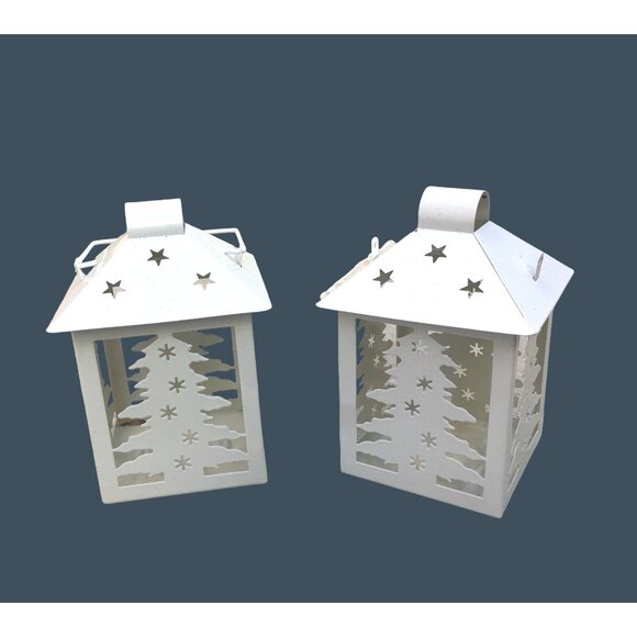 SET OF 2 WHITE 5.5" LAMP HOUSE CHRISTMAS TREE SILHOUETTE LANTERN ORNAMENT - Picture 2 of 4